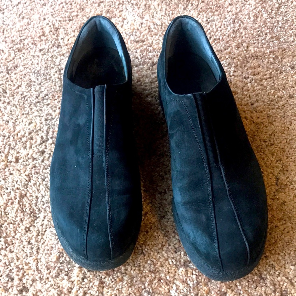 Woman’s size 11 black Mephisto  suede shoes with latex soles worn a few times